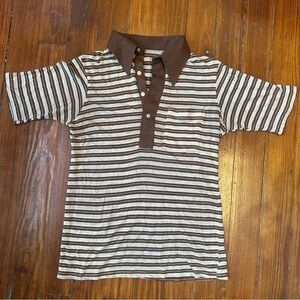 VTG Striped Brown White Polo Shirt L Nerd T-Shirt Lightweight Thin 60s 70s 80s